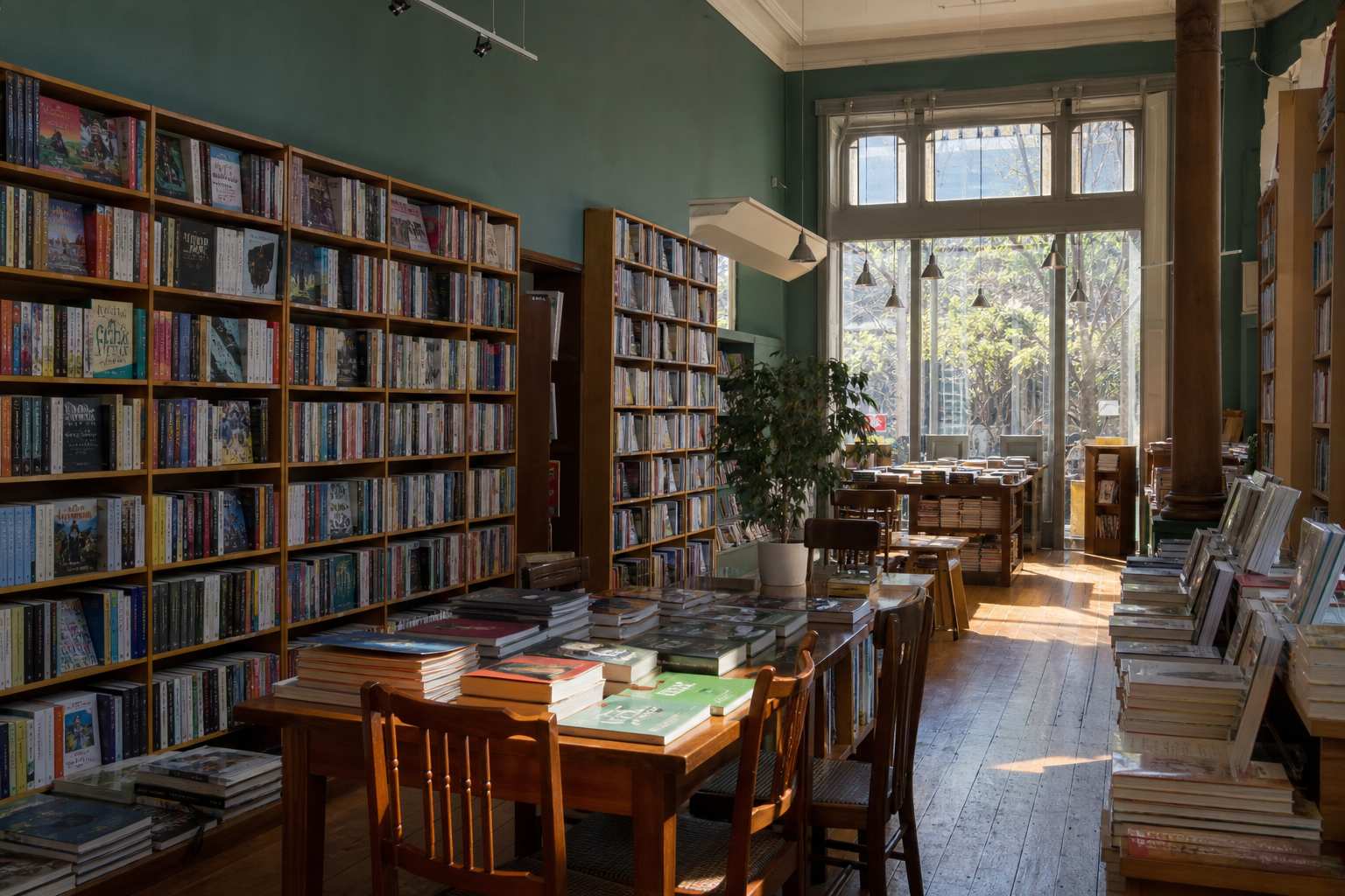 Sunlit aisle and wooden shelves inside Sfilztalpi Book Room in Doha