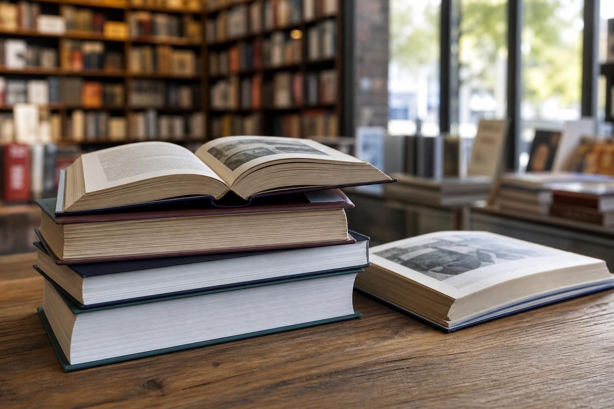 Daytime rows of paperbacks along a bookstore wall