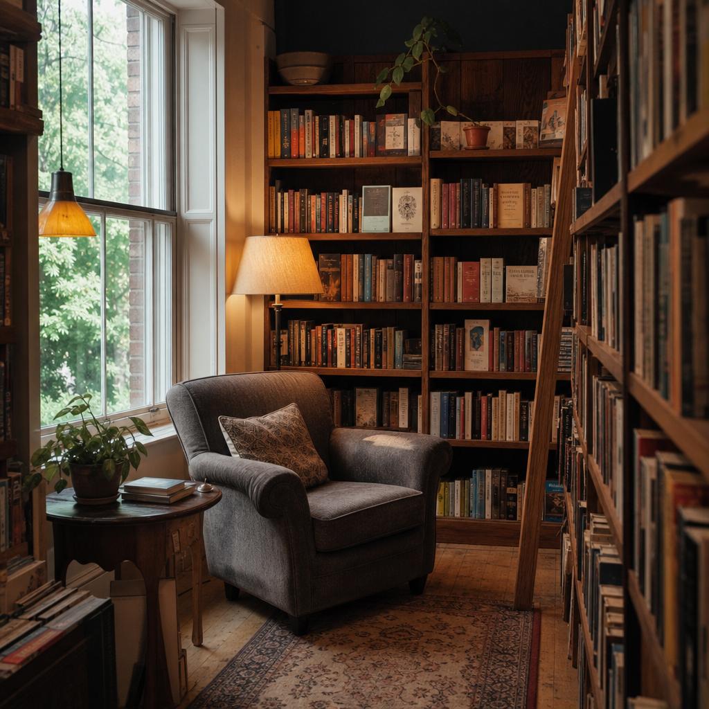 Evening reading nook with armchair and lamplight beside bookshelves
